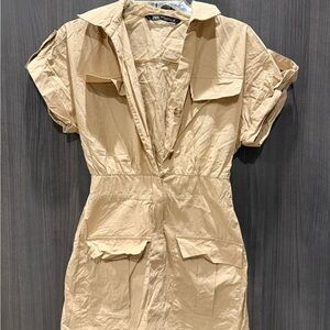Zara Tan Button-Up Jumpsuit
